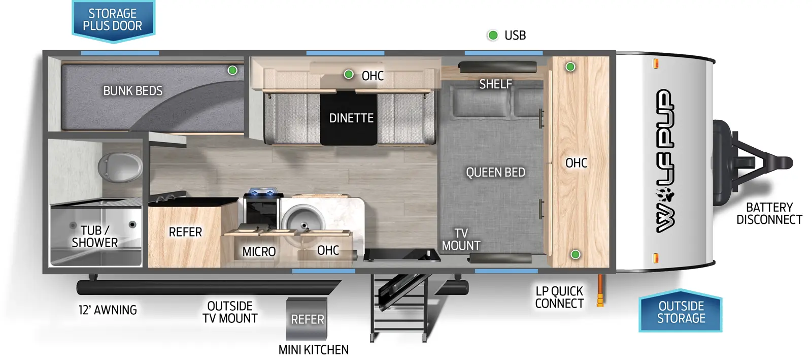 The Wolf Pup 16BHSW floorplan has one entry and zero slide outs. Exterior features include: metal exterior, 12' awning and outside kitchen. Interiors features include: bunk beds and front bedroom.